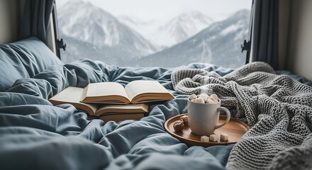 Cozy bed with open book and hot chocolate overlooking snowy mountains
