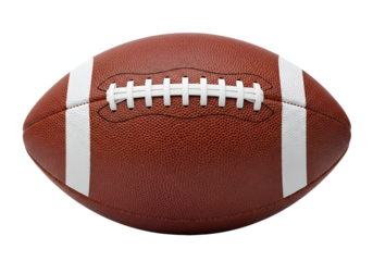 A close-up view of a standard American football, showcasing its distinctive texture and white stripes against a dark background.