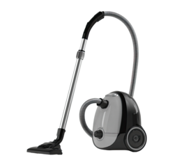 Gray and black upright vacuum cleaner, angled view