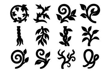 Nature elements silhouette icon set. featuring leaves, vines, spirals, plants, and floral patterns
