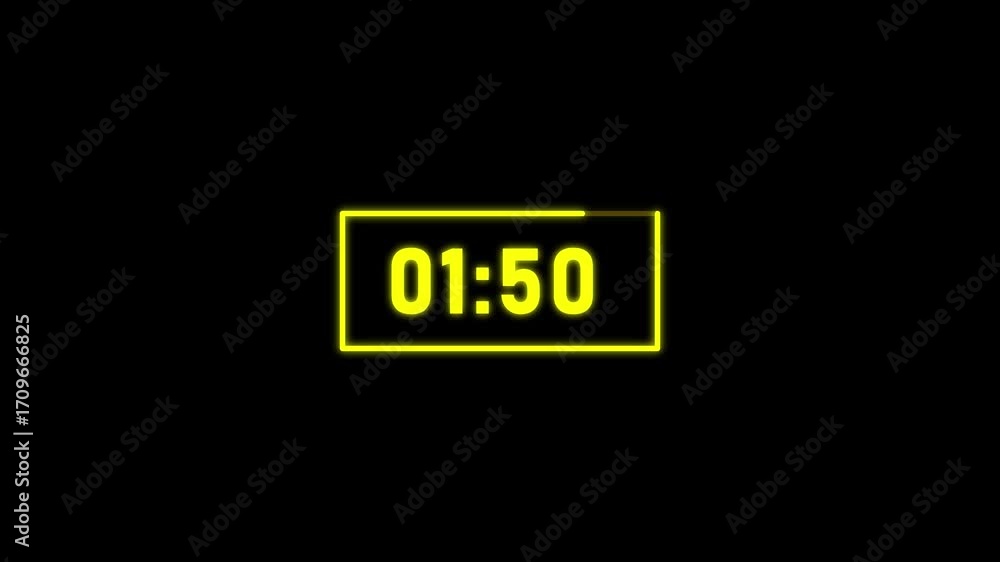 Poster neon yellow digital timer countdown 01:54 on a black background clock