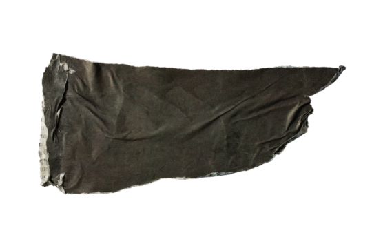 A collage of a black flag shape made from torn old newspaper