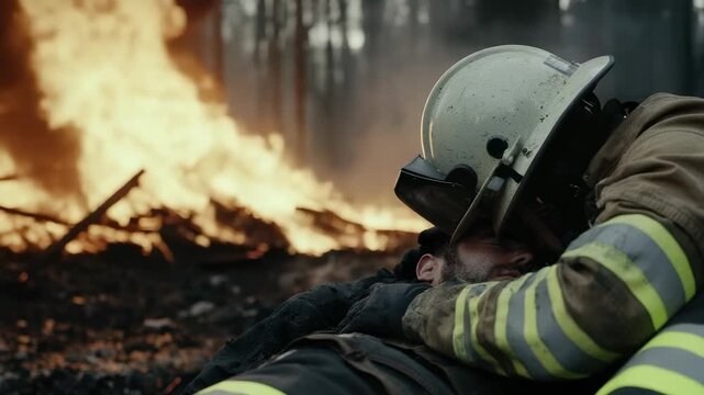 Brave responder: helmet glare, fire scene, quick decision, rescue climb, gear strength, bold motion, danger presence, team alert, rapid entry, lifesaving focus