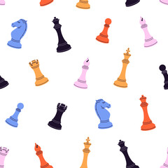 Repeatable pattern of black, white and colourful chess pieces. Endless background of different chessmen, chessboard figures: pawn, knight, king, bishop, rook, queen. Flat seamless vector illustration