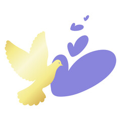 Golden dove silhouette and purple heart, cute love design