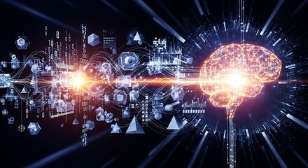 Abstract illuminated brain with connected information and data lines