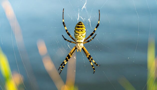 Orbweaver spider in web, against a blurred water background