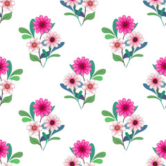 Seamless Flower Blossom Pattern Watercolor Illustration on White Background