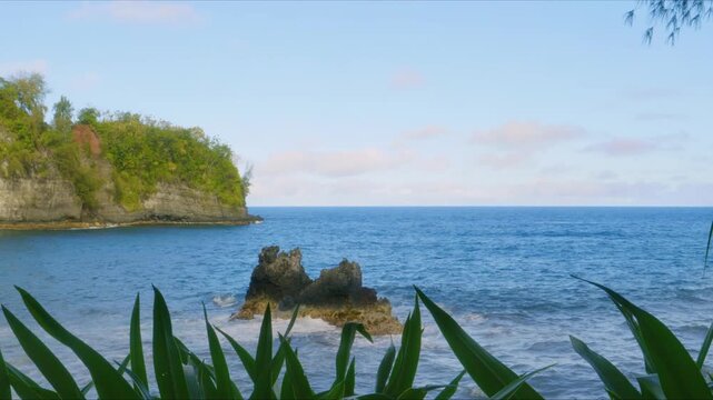 Scenic footage showcasing the stunning coastal beauty of Onomea Bay, as viewed from the Hawaii Tropical Botanical Garden on the Big Island of Hawaii. Features lush tropical foliage, dramatic ocean vie