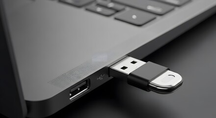 Secure digital data transfer and portable storage concept with a USB flash drive connected to a modern laptop computer