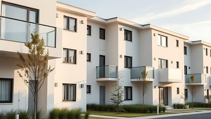 Obraz premium A modern housing complex with clean architectural lines, illuminated by soft daylight.