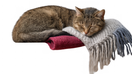 Cat napping on a warm winter blanket, created with AI, PNG
