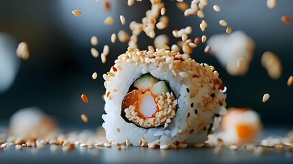 Sesame seeds falling onto sushi rolls in frozen motion macro shot, detailed Japanese cuisine photography with gourmet styling
