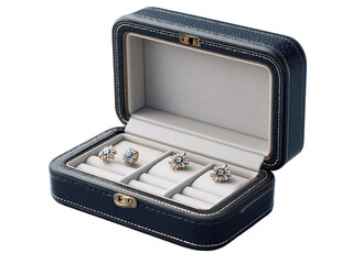 Elegant dark blue leather jewelry box with stud earrings