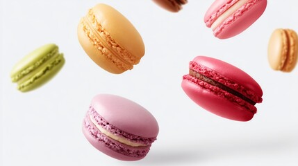 Colorful macarons floating in the air create a delightful and whimsical scene. Perfect for food photography enthusiasts and dessert lovers. A vibrant and charming display of French pastries. AI