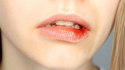 Fototapeta premium Close-up of a Woman with a Cold Sore on Her Lip