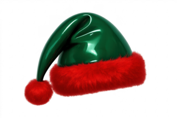 Shiny green christmas elf hat with red fur trim on transparent background