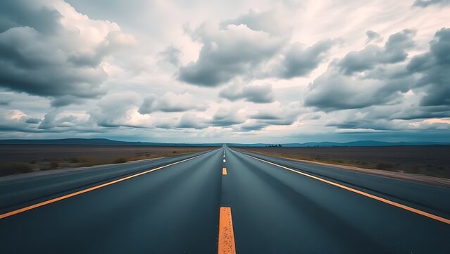 Panoramic view of an empty road under cloudy skies, capturing a serene and open landscape.