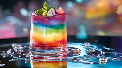 Dessert sculpture made of melting rainbow sorbet on mirrored glass, futuristic gourmet concept in artistic food photography style
