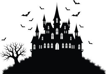 Spooky haunted castle silhouette on hill with flying bats, twisted tree, dark night, Halloween vector design for scary themes.