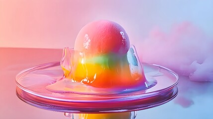 Melting rainbow sorbet dessert sculpture on mirrored glass with futuristic gourmet presentation, artistic modern food photography concept
