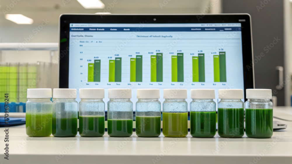 Poster algae biofuel production test tubes with green samples in front of a laptop displaying analytical da