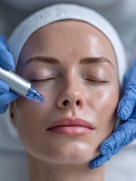 A client is receiving a micro-needling treatment at a spa, focusing on enhancing skin texture and rejuvenation. The aesthetician is carefully applying the device to the client's face
