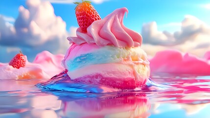 Surreal dessert art piece with colorful sorbet layers melting on reflective surface, artistic gourmet food photography concept
