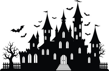 Spooky haunted castle silhouette with flying bats, creepy trees, and gothic windows, perfect for Halloween decorations or horror-themed designs.