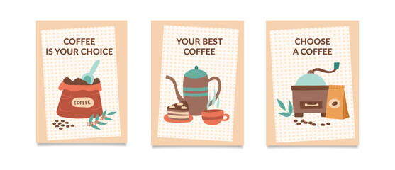 A coffee concept. A set of coffee posters. Vector flat templates. Concept of taking a break.