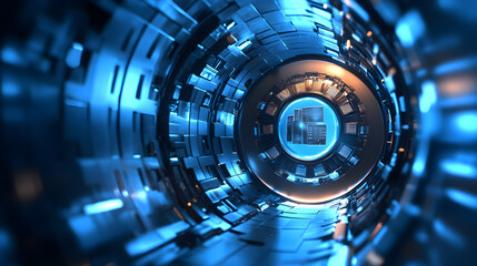 Abstract tunnel with glowing servers in the center and blue geometric shapes surrounding it