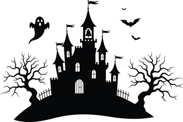 Spooky haunted castle silhouette with ghost, bats, creepy trees, dark gothic horror mansion, scary Halloween night vector illustration design