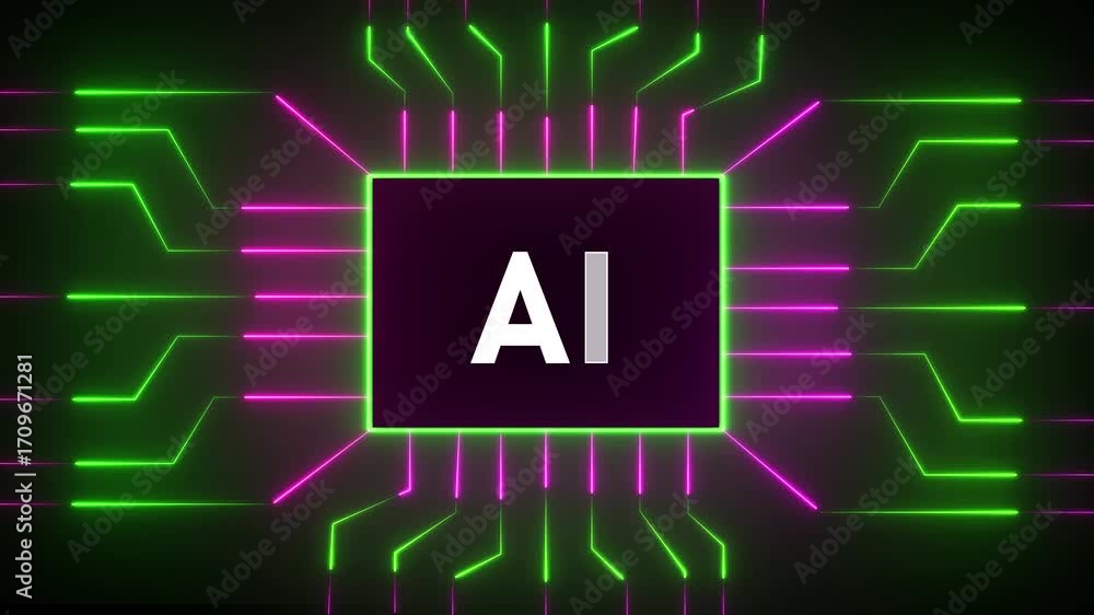 Poster ai artificial intelligence with glowing pink and green neon circuit lines on dark background machine