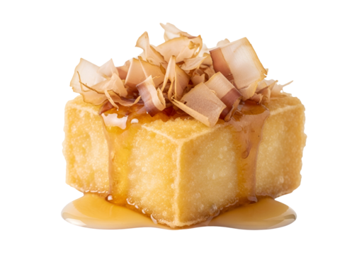 Close-up of a golden-brown, cubed piece of fried tofu, drizzled with a sweet, amber sauce and topped with savory flakes.