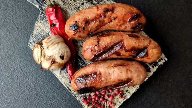 Grilled chicken or beef sausages with sauce and spices. Grilled sausages as a food background for your design