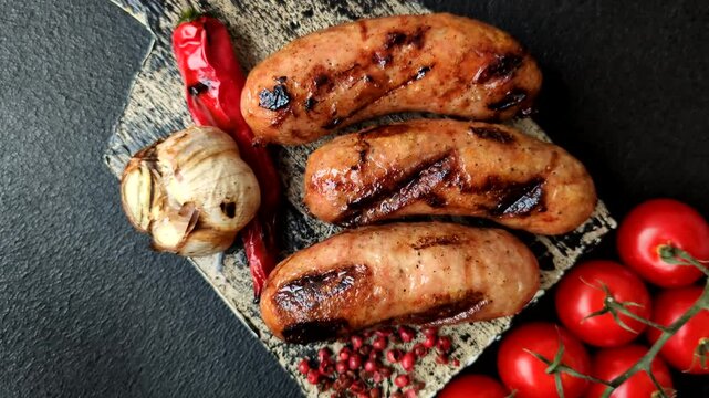 Grilled chicken or beef sausages with sauce and spices. Grilled sausages as a food background for your design
