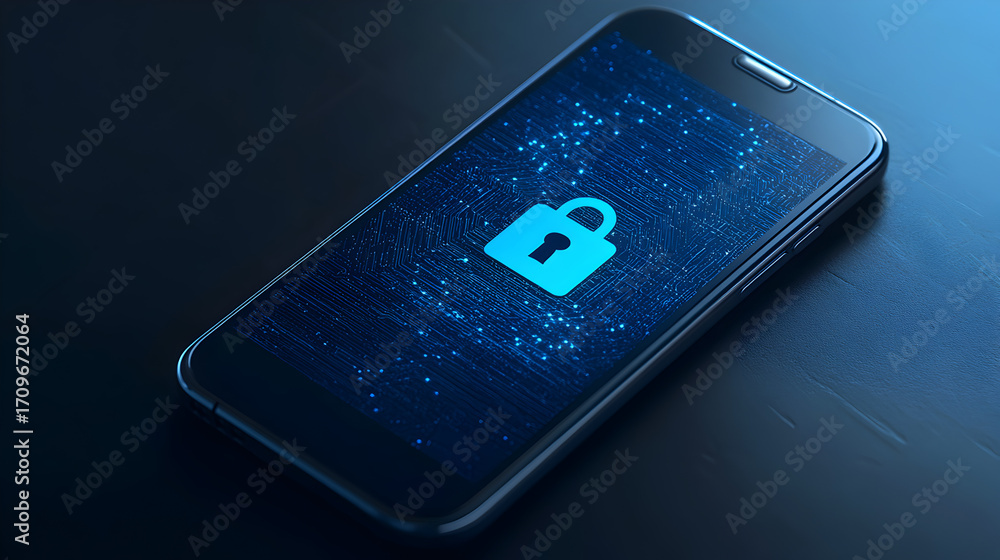 Wall mural a smartphone displaying a blue padlock symbol on a digital circuit board patterned screen for securi