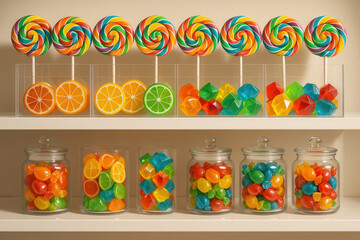 Colorful Candy Shop with Lollipops and Jars of Sweets