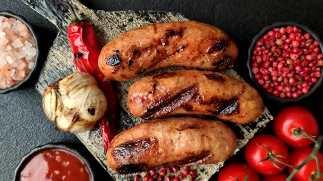 Grilled chicken or beef sausages with sauce and spices. Grilled sausages as a food background for your design