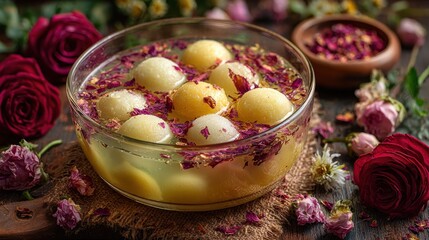 Naklejka premium Rasgulla is a beloved Bangladesh dessert of soft, spongy cheese balls soaked in light sugar syrup, served in a clear glass bowl, delicate, sweet, and refreshing.