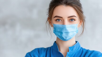 A young female healthcare worker with beautiful blue eyes confidently wears a protective surgical mask and a blue scrub top in front of a blurred background.