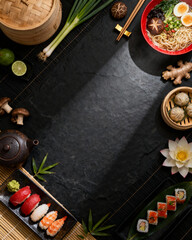 An assortment of fresh and inviting sushi and ramen dishes, artfully arranged on a textured dark surface, enticing the senses with their vibrant colors and inviting presentation.
