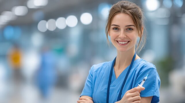 A beautiful young nurse with kind eyes smiles warmly while holding a sye filled with medicine in a bright and modern hospital hallway environment today.