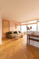 Fototapeta premium Modern living room with large windows and wooden floors