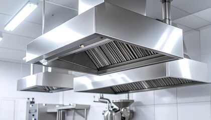 Shiny Stainless Steel Kitchen Exhaust Hoods Restaurant Modern Interior Design.