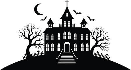 Spooky Haunted Church Castle on Hill with Bats, Moon, Bare Trees, Crosses and Fence for Halloween Night Vector Background