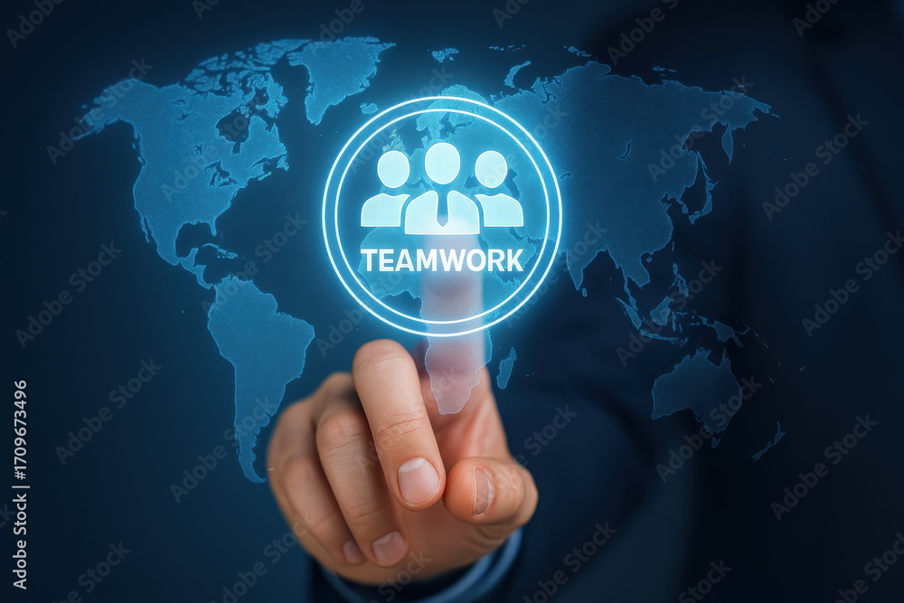 Poster teamwork concept with professional development and career growth highlighted by person touching virt