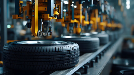 Fototapeta premium Tires on an assembly line in a factory setting. Manufacturing process is visible.
