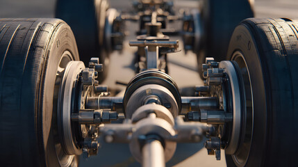 Naklejka premium Close up view of an aircraft's landing gear on a runway.