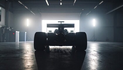 Silhouette of a Formula 1 Racing Car in a Garage with Dramatic Lighting, and Rear View.